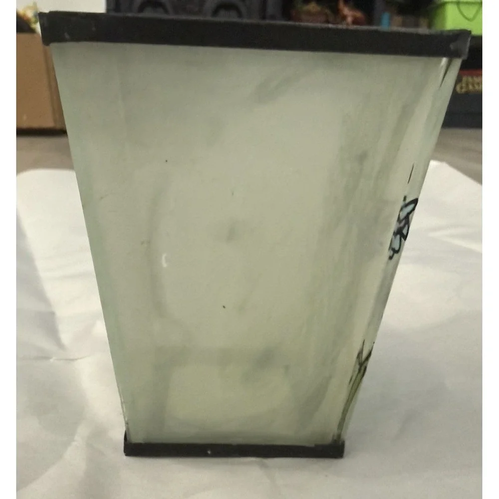 Vintage 70's Rectangular Hand Painted Stained Glass Vase Flowers & Hummingbird